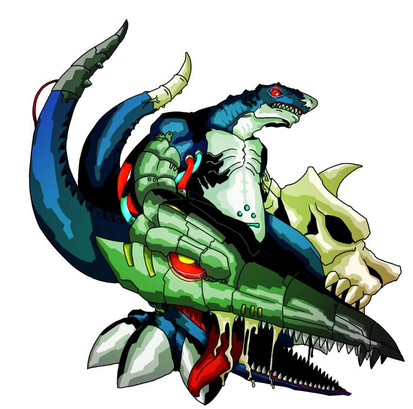 deltamon digimon digimon_(creature) highres open_mouth red_eyes sharp_teeth skull solo tail teeth tongue tongue_out