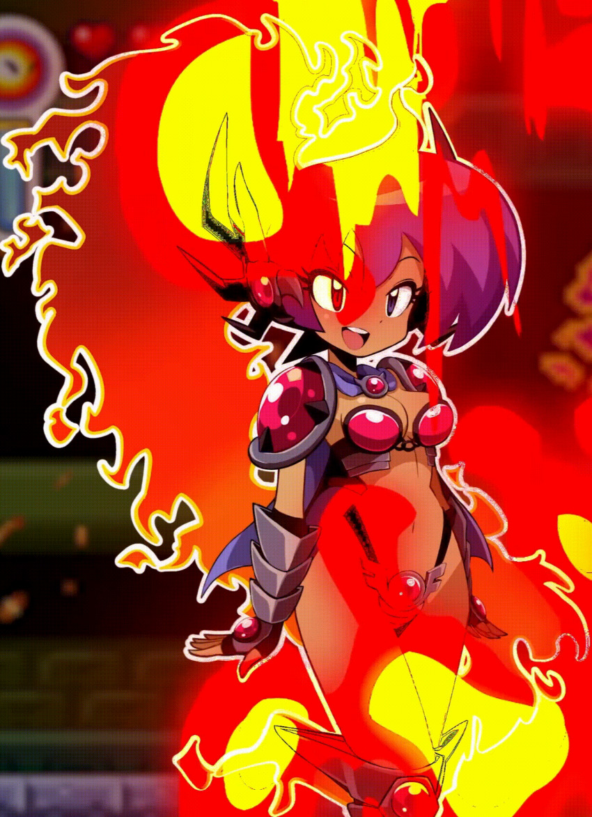 1girl alternate_costume animated animated_gif armor bare_legs belt bikini_armor blue_eyes boots bra breasts cleavage dark_skin fire flame_shaped_hair gameplay_mechanics gauntlets gem genie gradient_hair health_bar heart highres jewelry large_breasts long_hair multicolored_hair navel official_alternate_costume official_art open_hand open_hands open_mouth pointy_ears promotional_art purple_hair red_hair sakurajyousui_nami shantae shantae_(series) shantae_(sizzle_armor) shantae_advance:_risky_revolution shiny_skin shoulder_armor smile teeth third-party_edit underwear very_long_hair wayforward
