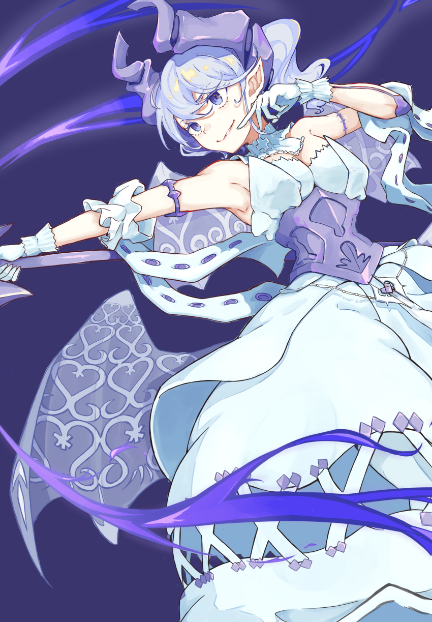 1girl armored_corset breasts demon_girl demon_horns demon_wings dress duel_monster dutch_angle gloves grey_eyes grin highres holding holding_polearm holding_weapon horns kamesan231 large_breasts lovely_labrynth_of_the_silver_castle pointy_ears polearm smile solo strapless strapless_dress twintails weapon white_dress white_gloves white_hair wings yu-gi-oh!