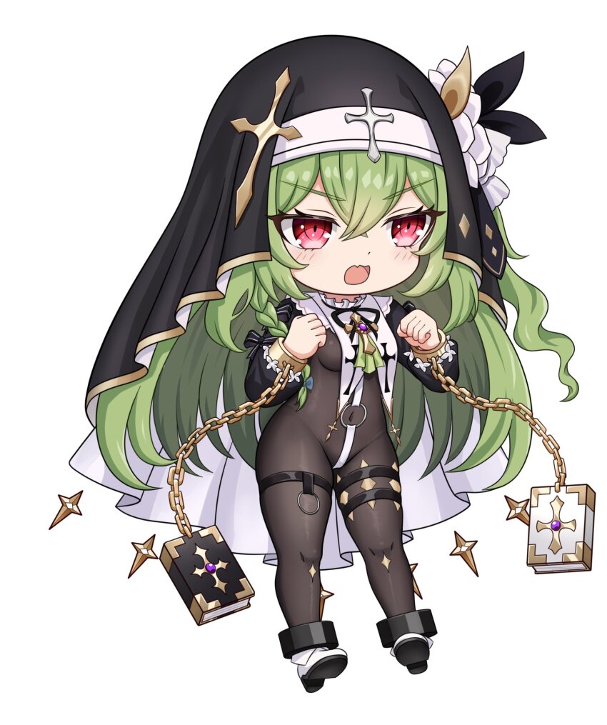 1girl blush bodystocking book boots braid breasts chain chibi clenched_hands commission cross cuffs fang flower full_body green_hair hair_between_eyes hands_up highres huanxiang_koudai_meow long_hair long_sleeves nun open_mouth original pocketfans puffy_long_sleeves puffy_sleeves red_eyes second-party_source shackles simple_background solo thigh_strap v-shaped_eyebrows veil very_long_hair white_background white_boots white_flower