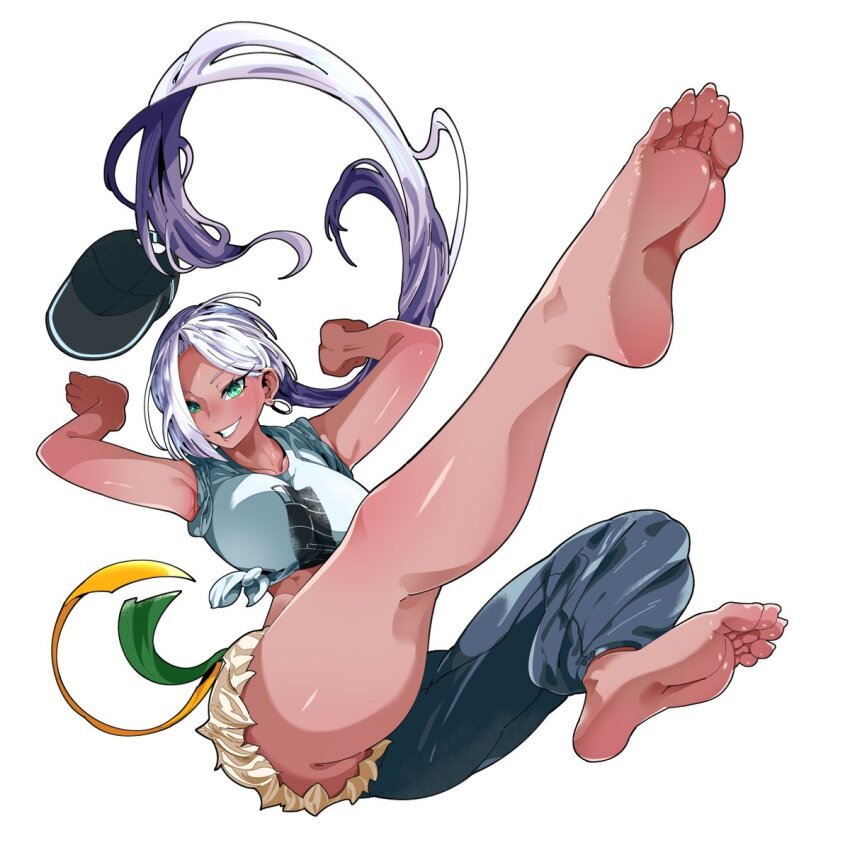 1girl armpits arms_up ass barefoot baseball_cap blue_eyes breasts feet foot_focus full_body hat highres kaho_eira kimi_no_koto_ga_dai_dai_dai_dai_daisuki_na_100-nin_no_kanojo large_breasts legs long_hair looking_at_viewer midriff multicolored_hair ponytail simple_background single_bare_leg soles solo tan thighs toes very_long_hair white_background yetai_shui