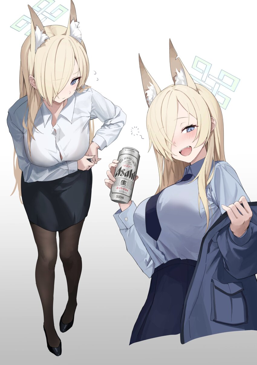 1girl absurdres adjusting_clothes animal_ear_fluff animal_ears asymmetrical_bangs beer_can black_bra black_pantyhose blonde_hair blue_archive blue_shirt blush bra bra_visible_through_clothes breasts can cropped_legs drink_can flying_sweatdrops fox_ears full_body hair_over_one_eye halo highres holding holding_can kanna_(blue_archive) large_breasts long_bangs long_hair looking_at_viewer multiple_views nagul one_eye_covered pantyhose pencil_skirt sharp_teeth shirt skirt squeans straight_hair teeth underwear very_long_hair