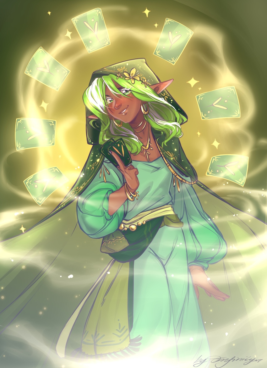 artist_name bracelet cape card cookie_run dark-skinned_female dark_skin dress earrings fairy_cookie green_cape green_dress green_eyes green_hair highres holding holding_card hood hooded_cape hoop_earrings jewelry long_sleeves looking_at_viewer multicolored_hair necklace nikainfinity pointy_ears smile solo standing streaked_hair white_hair