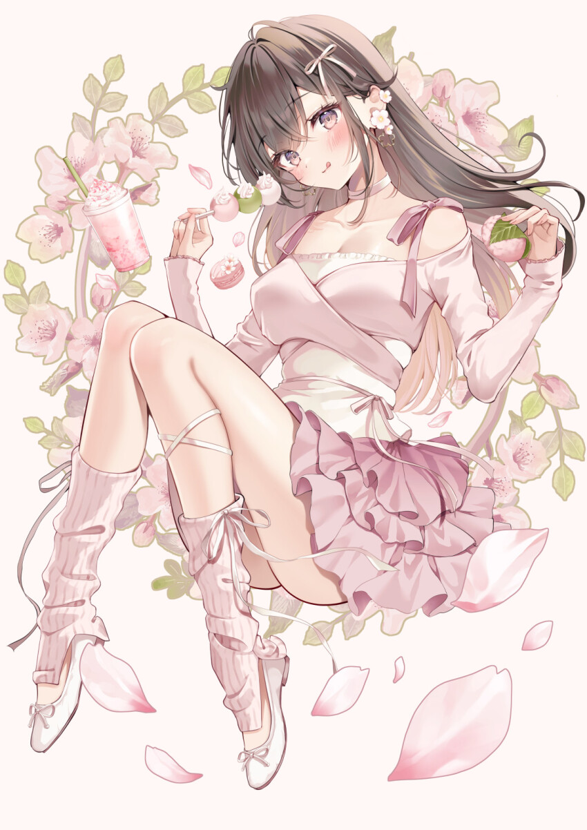 1girl :q bare_shoulders blush bow breasts brown_hair choker closed_mouth collarbone earrings flower hair_bow hair_flower hair_ornament hair_ribbon highres jewelry long_hair long_sleeves looking_at_viewer medium_breasts original pink_shirt pink_skirt purple_eyes ribbon shirt shoes sidelocks sitting skirt smile solo tongue tongue_out white_bow white_choker white_ribbon yugaa