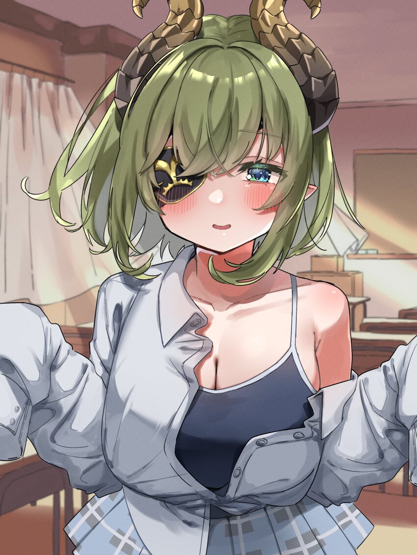 1girl absurdres black_sports_bra blue_eyes blue_skirt blush breasts brown_horns buttons chalkboard classroom cleavage collarbone commentary_request cowboy_shot curled_horns curtains demon_girl demon_horns desk eyepatch green_hair grey_shirt hair_between_eyes hair_intakes highres horns indoors large_breasts long_sleeves looking_at_viewer medium_hair miniskirt nanashi_inc. open_mouth plaid_clothes plaid_skirt pleated_skirt pointy_ears sekishiro_mico shirt skirt sleeves_past_fingers sleeves_past_wrists smile solo sports_bra tamotsu_(mary) virtual_youtuber