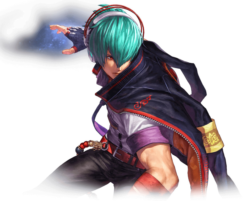 1boy green_hair headphones male_focus necktie ogura_eisuke purple_necktie red_eyes shun&#039;ei snk solo the_king_of_fighters the_king_of_fighters_xv