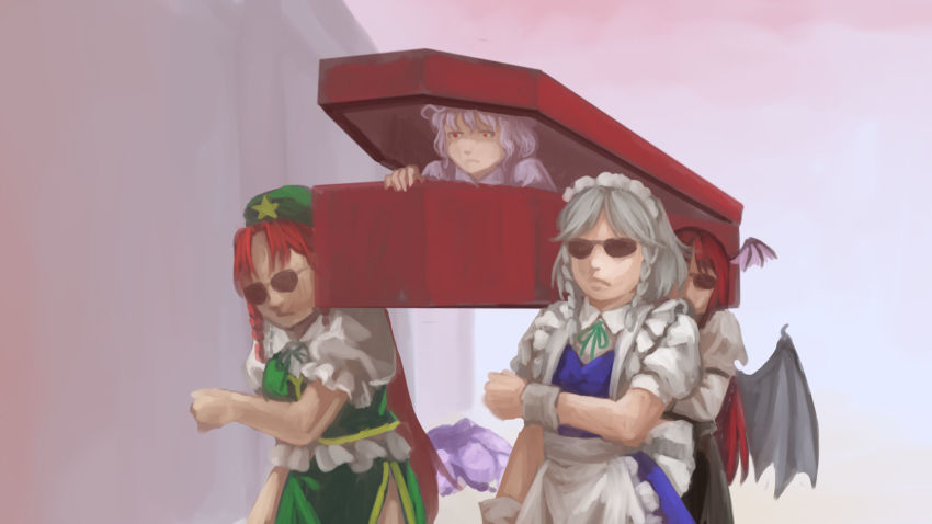 5girls apron assisted_carrying bat_wings black_skirt blue_dress carrying closed_mouth coffin dancing_pallbearers_(meme) dress expressionless frills green_dress hat head_wings highres hong_meiling izayoi_sakuya juliet_sleeves kawahagi_modoki koakuma long_hair long_sleeves lying maid_headdress meme mob_cap multiple_girls on_stomach patchouli_knowledge puffy_short_sleeves puffy_sleeves purple_hair red_eyes red_hair remilia_scarlet short_hair short_sleeves simple_background skirt sunglasses touhou upper_body very_long_hair waist_apron white_apron wings