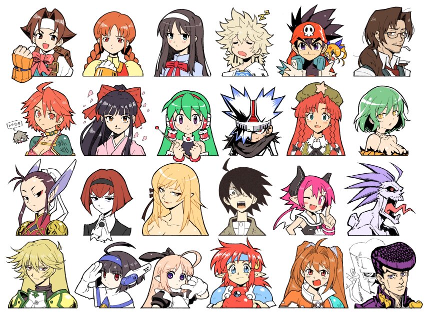 6+boys 6+girls absurdres ahoge annotation_request armor arms_up ascot bakemonogatari black_hair blonde_hair blue_headband bow braid breasts breath_of_fire brown_hairband capcom character_request charu_(saru_getchu) cleavage clenched_hand closed_eyes closed_mouth commentary copyright_request crazy_diamond darkstalkers diamond_wa_kudakenai disgaea eiyuu_densetsu english_commentary estelle_bright fingerless_gloves glasses gloves green_hair hair_between_eyes hair_bow hairband hand_on_own_hip headband higashikata_josuke highres hikage_(senran_kagura) hong_meiling index_finger_raised itoshiki_nozomu jojo_no_kimyou_na_bouken justice_gakuen kiss-shot_acerola-orion_heart-under-blade large_breasts light_blush long_hair looking_at_viewer mail_(popful_mail) makai_senki_disgaea meitenkun melty_blood monogatari_(series) multiple_boys multiple_girls one_eye_closed open_mouth orange_hair oshino_shinobu partially_annotated pauldrons pink_hair pointy_ears popful_mail popful_mail_(character) purple_eyes purple_hair raspberyl red_bow red_hair red_lips sakura_taisen salute saru_getchu sayonara_zetsubou_sensei sega serious shinguuji_sakura short_hair shoulder_armor sleeping smile snk sony sora_no_kiseki spdcooler specter_(saru_getchu) the_king_of_fighters tohno_akiha tongue tongue_out touhou tsukihime twin_braids twintails v-shaped_eyebrows white_ascot white_headband yellow_eyes zzz