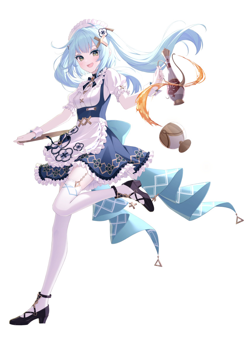 1girl :d absurdres apron aqua_hair black_footwear blue_dress breasts commentary_request cup dress faruzan_(genshin_cafe_in_seoul)_(genshin_impact) faruzan_(genshin_impact) floating_hair frilled_apron frilled_dress frills from_side full_body genshin_impact green_eyes hair_ornament highres holding holding_teapot holding_tray leg_up light_blush long_hair looking_at_viewer maid_headdress medium_breasts neneko_sleep official_alternate_costume open_mouth puffy_short_sleeves puffy_sleeves short_sleeves simple_background smile solo symbol-shaped_pupils teacup teapot teeth thighhighs tray triangle-shaped_pupils twintails upper_teeth_only very_long_hair waist_apron white_apron white_background white_sleeve_cuffs white_thighhighs x_hair_ornament zettai_ryouiki