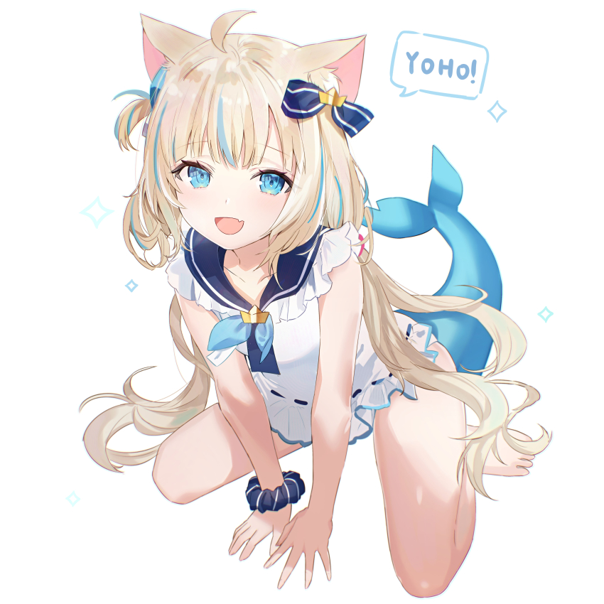1girl absurdres ahoge animal_ears blonde_hair blue_bow blue_eyes blue_hair blue_scrunchie bow cat_ears commentary dedeko dress english_commentary fang fins fish_girl fish_tail hair_bow highres indie_virtual_youtuber long_hair looking_at_viewer multicolored_hair one_side_up open_mouth sameko_saba scrunchie skin_fang sleeveless sleeveless_dress smile solo streaked_hair tail very_long_hair virtual_youtuber white_dress