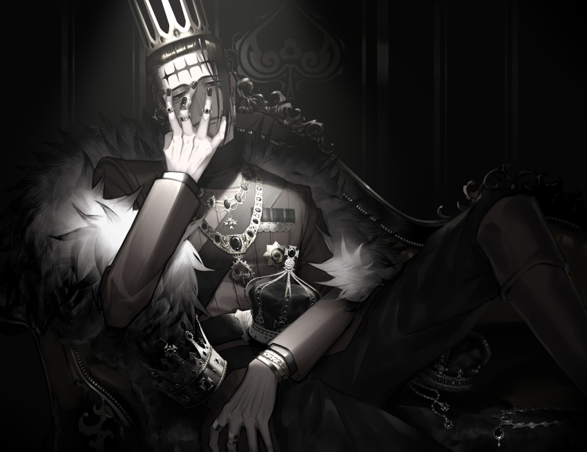 1boy absurdres belt belt_buckle black_clover black_hair black_nails bracelet buckle chain chain_necklace crown dante_zogratis emblem facial_hair frit_2 fur_collar gem goatee hair_slicked_back hand_on_own_face head_tilt high_collar highres jacket jewelry livery_collar long_sleeves looking_at_viewer male_focus medal military military_jacket military_uniform mustache nail_polish necklace reclining red_eyes red_gemstone ring robe short_hair shoulder_strap sideburns single_sidelock solo spade_(shape) spotlight throne