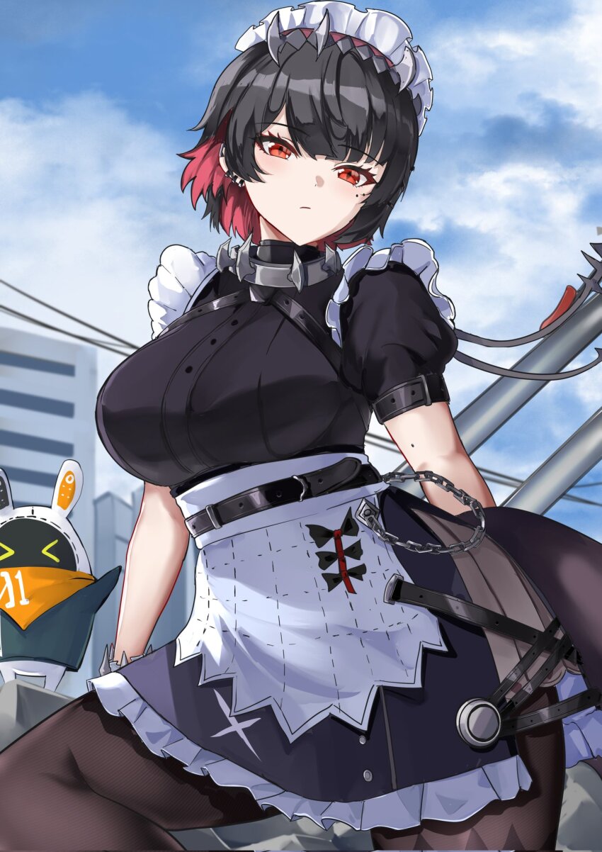1girl apron bangboo_(zenless_zone_zero) black_dress black_hair black_pantyhose blue_sky breasts cloud colored_inner_hair day dress ellen_joe highres large_breasts multicolored_hair pantyhose puffy_short_sleeves puffy_sleeves red_eyes red_hair revision short_dress short_hair short_sleeves sky solo tian_kazuki waist_apron white_apron zenless_zone_zero