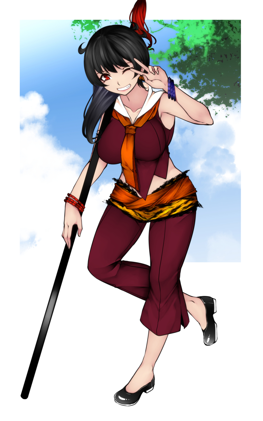 1girl animal_print aoshima bare_arms black_hair black_shoes breasts cloud collarbone commentary_request cosplay grin highres houjuu_nue large_breasts leaf looking_at_viewer medium_hair midriff nature necktie one_eye_closed outdoors pants polearm red_eyes red_pants red_shirt sash shirt shoes sky sleeveless sleeveless_shirt smile solo spear standing standing_on_one_leg tiger_print toramaru_shou toramaru_shou_(cosplay) touhou v v_over_eye weapon wristband