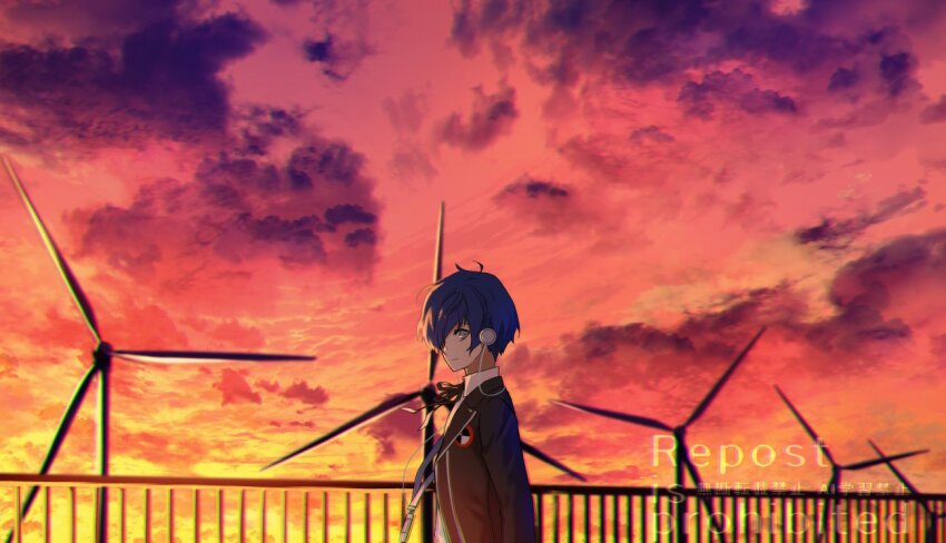 1boy arms_at_sides behind-the-head_headphones black_jacket black_ribbon blazer blue_hair cloud cloudy_sky dappled_sunlight digital_media_player dress_shirt evening facing_to_the_side grey_eyes hair_over_one_eye headphones jacket lanyard light_smile listening_to_music looking_to_the_side male_focus open_clothes open_jacket orange_sky outdoors persona persona_3 railing ribbon school_uniform shirt sky sunlight tsukitaka watermark white_shirt windmill yuuki_makoto_(persona_3)