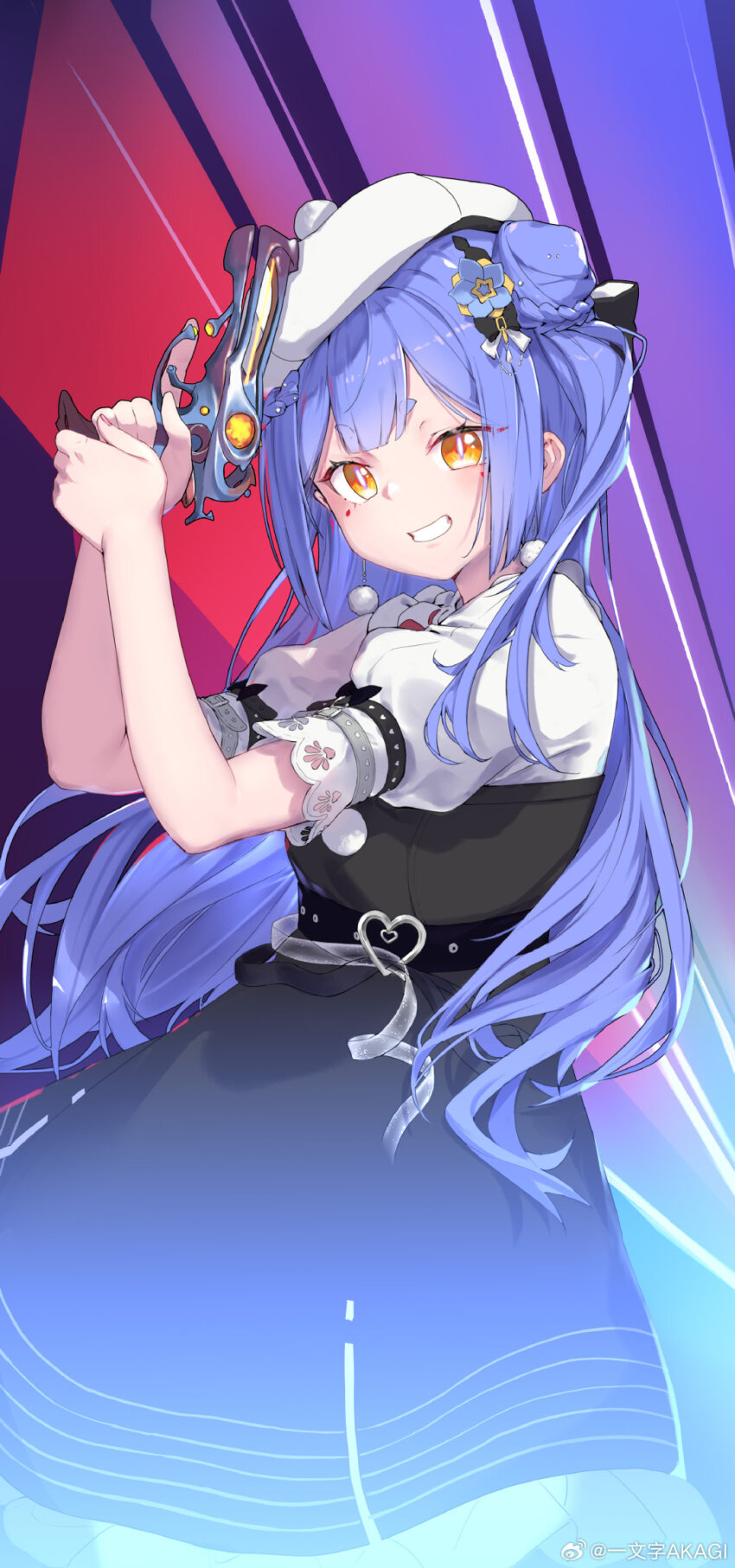 1girl azusa_(vtuber) virtuareal_link beret black_dress blue_hair dress flower grin hair_flower hair_ornament hat highres holding_ray_gun long_hair nijisanji pinafore_dress ribbon sleeveless sleeveless_dress smile solo thick_eyebrows virtual_youtuber virtuareal white_dress yellow_eyes yiwenzi_akagi