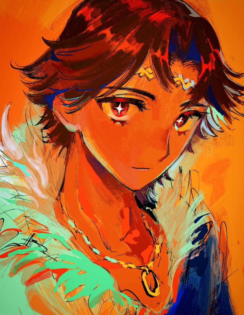 1boy brown_hair circlet dark-skinned_male dark_skin feather_collar feather_trim fire_emblem fire_emblem_engage fogado_(fire_emblem) gold_circlet gold_necklace highres jewelry looking_at_viewer male_focus mochako_(motyako_1005) necklace nintendo prince short_hair star-shaped_pupils star_(symbol) symbol-shaped_pupils