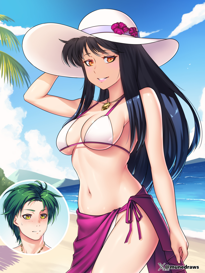 1boy 1girl absurdres arm_up astrid_(fire_emblem) beach bikini black_hair blush breasts cleavage commission commissioner_upload cut-in etchimune fire_emblem fire_emblem:_radiant_dawn green_hair hat highres jewelry long_hair looking_at_viewer medium_breasts nintendo non-web_source ocean orange_eyes outdoors pendant purple_sarong sarong sideboob smile solo_focus sothe_(fire_emblem) sun_hat swimsuit underboob white_bikini yellow_eyes