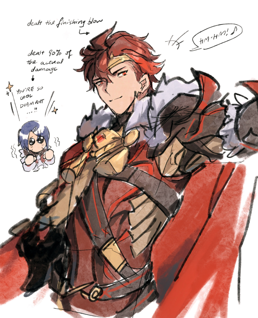 alcryst_(fire_emblem) armor blue_hair cape circlet closed_mouth diamant_(fire_emblem) english_text fire_emblem fire_emblem_engage fur_trim hahahashagi highres light_smile looking_at_viewer male_focus nintendo red_cape red_eyes red_hair short_hair shoulder_armor simple_background speech_bubble upper_body white_background