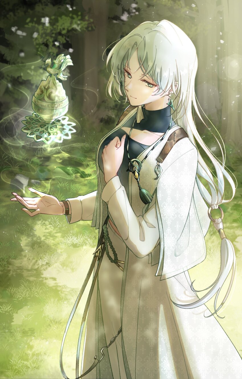1girl closed_mouth coat du_ruo_(path_to_nowhere) floating floating_object from_above grass green_eyes highres jewelry light_smile long_hair long_sleeves necklace outdoors path_to_nowhere sideways sideways_glance solo standing tree white_coat white_hair yubihato