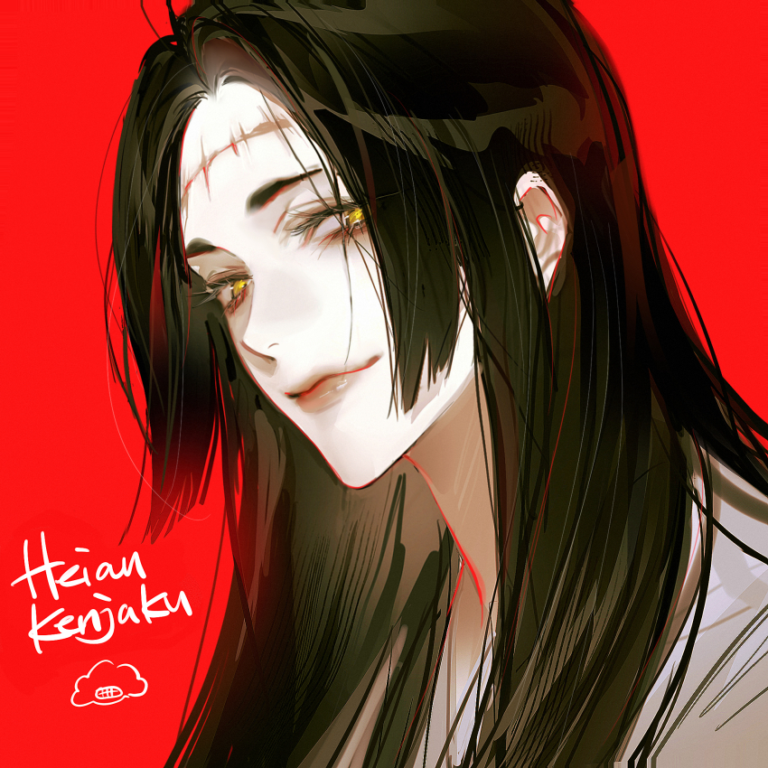 1girl black_hair character_name genderswap genderswap_(mtf) highres jujutsu_kaisen kenjaku long_hair looking_at_viewer oarfish_(artist) portrait red_background stitched_face stitches yellow_eyes
