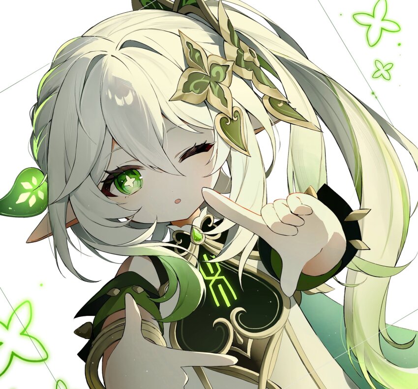 1girl ;o bare_shoulders bracelet commentary detached_sleeves dress finger_frame genshin_impact gold_trim gradient_hair green_eyes green_hair green_sleeves hair_between_eyes hair_ornament highres jewelry leaf_hair_ornament long_hair looking_at_viewer multicolored_hair nahida_(genshin_impact) nirako_mona one_eye_closed open_mouth pointy_ears side_ponytail sleeveless sleeveless_dress solo star-shaped_pupils star_(symbol) symbol-shaped_pupils upper_body white_dress white_hair