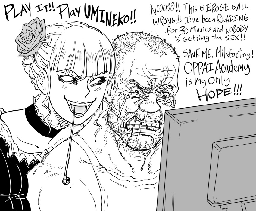 1boy 1girl :d bb_(baalbuddy) beard beatrice_(umineko) blunt_bangs blush choker clenched_teeth commentary coomer_(meme) dress english_commentary english_text facial_hair fang flower greyscale grin hair_bun hair_flower hair_ornament highres kiseru meme monitor monochrome mouth_hold open_mouth original pipe_in_mouth rose short_hair simple_background single_hair_bun smile smoking_pipe smug snot tears teeth umineko_no_naku_koro_ni very_short_hair white_background wojak