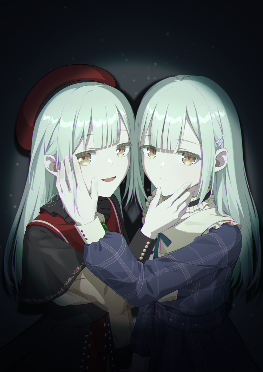 2girls absurdres ascot bang_dream! bang_dream!_it&#039;s_mygo!!!!! beret black_capelet blue_dress capelet choker closed_mouth commentary dress frilled_choker frills green_brooch green_hair hair_ornament hairclip hand_on_another&#039;s_cheek hand_on_another&#039;s_face hat highres jewelry long_hair looking_at_viewer luyue mortis_(bang_dream!) mortis_(costume)_(bang_dream!) multiple_girls open_mouth plaid_clothes plaid_dress red_hat see-through_clothes see-through_sleeves shirt signature vignetting wakaba_mutsumi white_ascot white_choker white_shirt yellow_eyes
