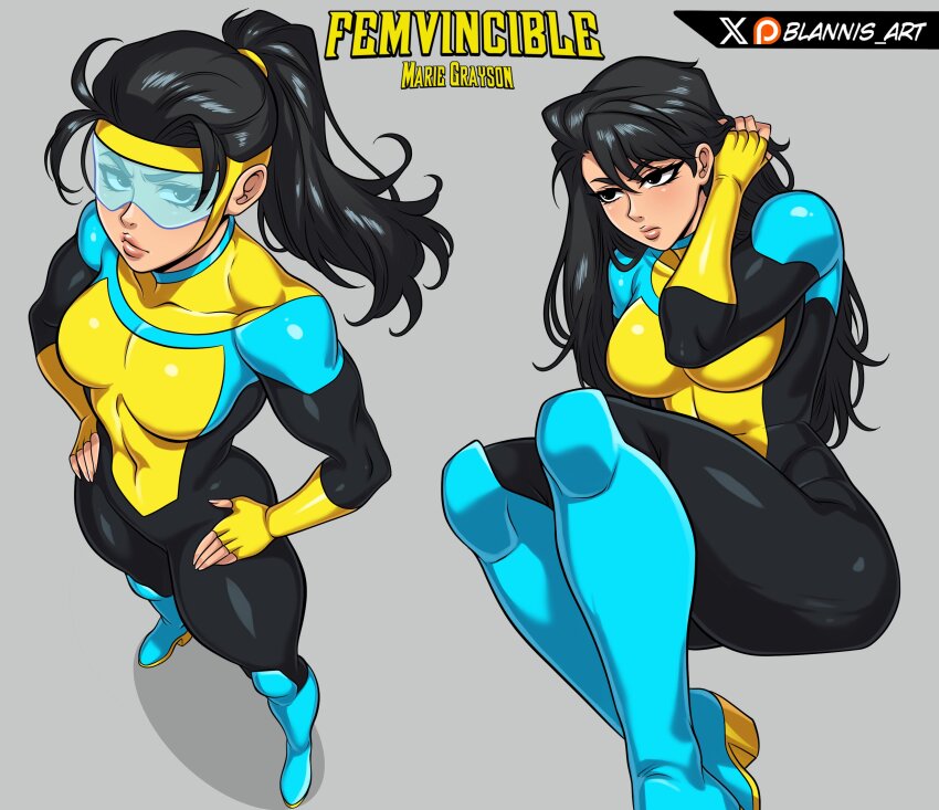 1girl absurdres artist_name black_eyes black_hair blannis bodysuit boots breasts english_text genderswap genderswap_(mtf) hand_in_own_hair high_heels highres invincible_(series) large_breasts mark_grayson ponytail simple_background sitting skin_tight superhero_costume thighs visor_cap