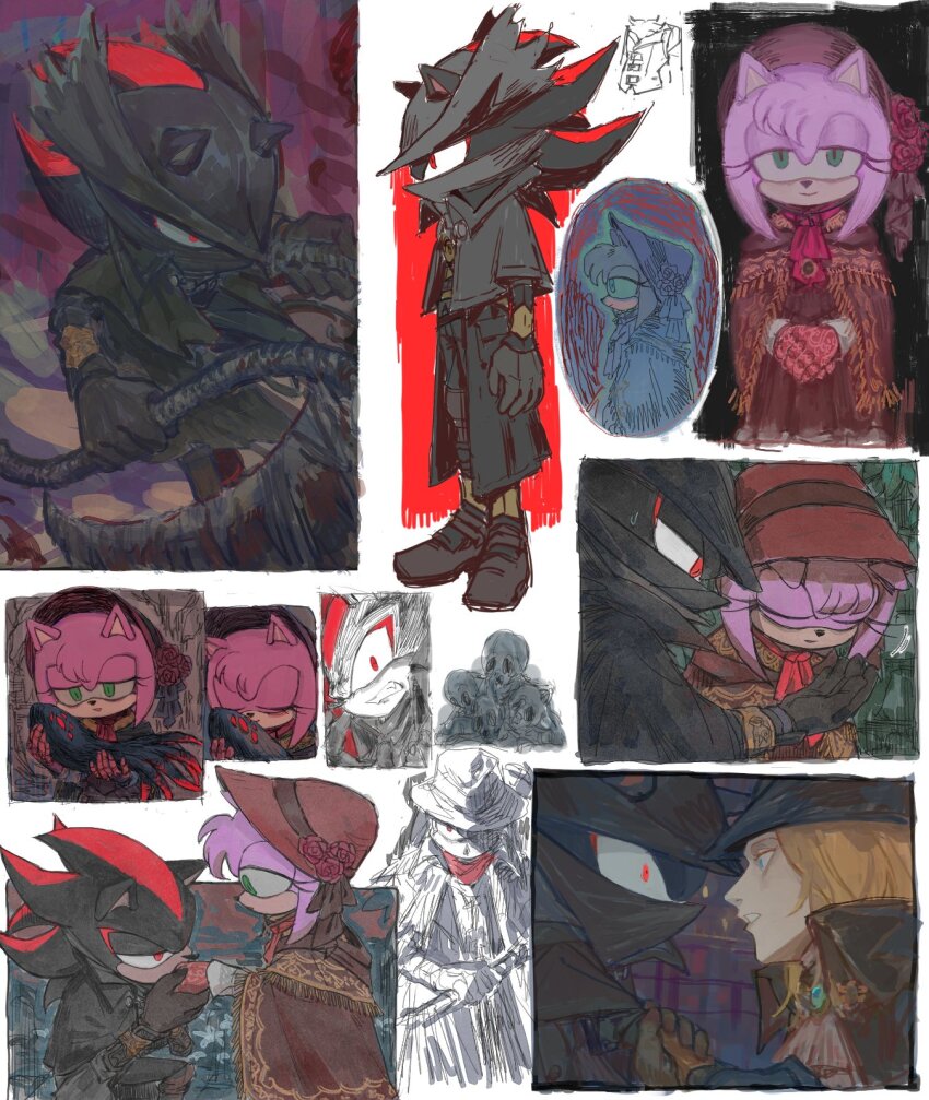 2boys 2girls amy_rose black_coat bloodborne blue_eyes bonnet clenched_teeth cloak coat collage commentary cosplay crossover doom_morph english_commentary eyelashes father_gascoigne flower green_eyes hat hat_flower hedgehog_boy hedgehog_girl highres hunter_(bloodborne) hunter_(bloodborne)_(cosplay) kiss kissing_hand lady_maria_of_the_astral_clocktower multiple_boys multiple_girls octopus plain_doll plain_doll_(cosplay) red_bonnet saw saw_cleaver shadow_the_hedgehog sonic_(series) sonic_generations sonic_x_shadow_generations sundayauruu teeth terios_(sonic)