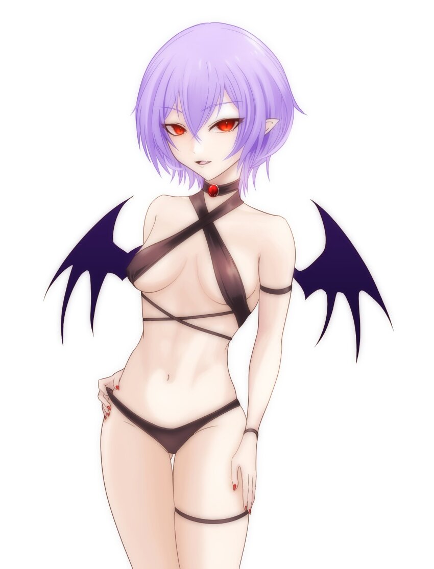 1girl bat_wings bikini black_bikini breasts choker crossed_bangs highres looking_at_viewer merihari07 midriff navel pointy_ears purple_hair red_eyes red_nails remilia_scarlet short_hair simple_background small_breasts solo swimsuit thigh_strap touhou white_background wings