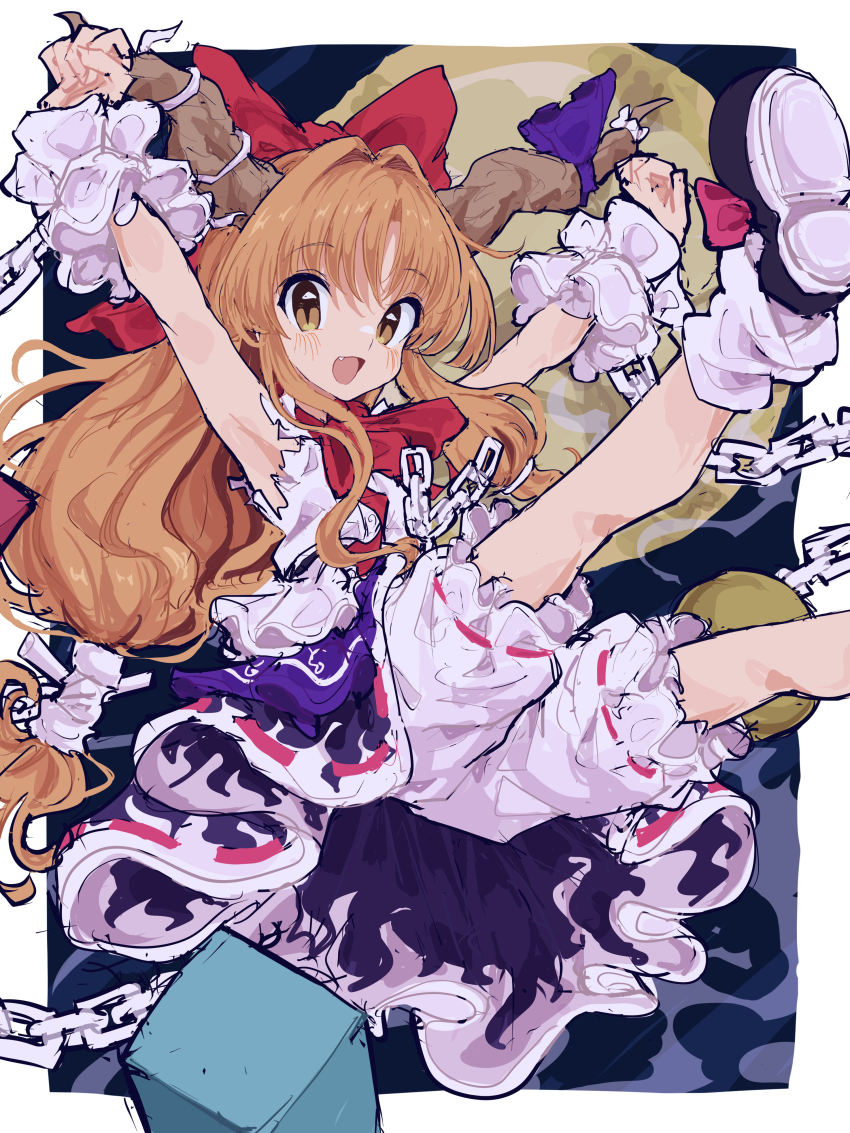 1girl absurdres armpits arms_up black_shoes bow bowtie brown_eyes brown_horns chain clenched_hands cube fang feet_up flame_print footwear_bow frilled_cuffs frilled_shorts frilled_skirt frills full_moon hair_bow hair_ribbon highres horn_ornament horns ibuki_suika immaterial_and_missing_power light_blush long_hair looking_at_viewer loose_socks low-tied_long_hair moon mugi_(mugimugi_9kv) oni open_mouth orange_hair orb outside_border purple_ribbon purple_skirt pyramid_(geometry) red_bow red_bowtie ribbon ribbon-trimmed_shorts ribbon-trimmed_skirt ribbon_trim shirt shoes shorts skirt sleeveless sleeveless_shirt smile socks solo teeth touhou upper_teeth_only white_shirt white_socks white_wrist_cuffs wrist_cuffs