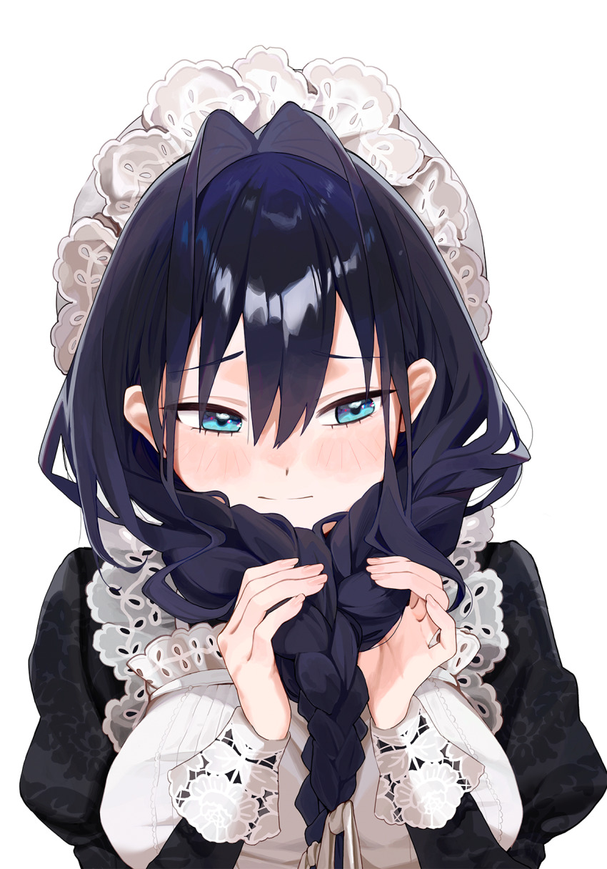 1girl black_dress blue_eyes blue_hair braid breasts commentary dress hair_intakes highres holding holding_own_hair hololive hololive_english large_breasts long_sleeves maid maid_headdress omochiarts ouro_kronii puffy_long_sleeves puffy_sleeves simple_background solo upper_body virtual_youtuber white_background