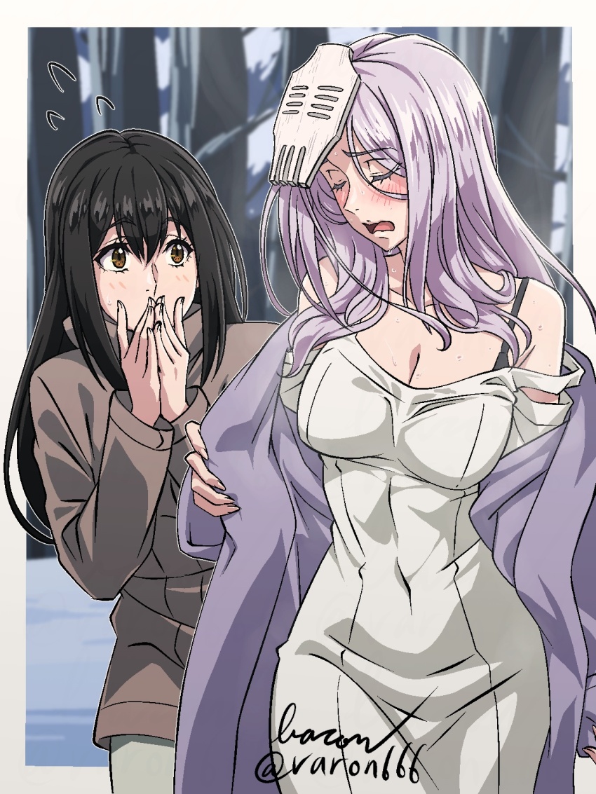 2girls baron_(varon666) black_hair blush breasts brown_eyes cleavage closed_eyes covered_mouth fuuto_tantei highres kubokura_kanna large_breasts long_hair multiple_girls open_mouth purple_hair tokime_(fuuto_tantei) varon