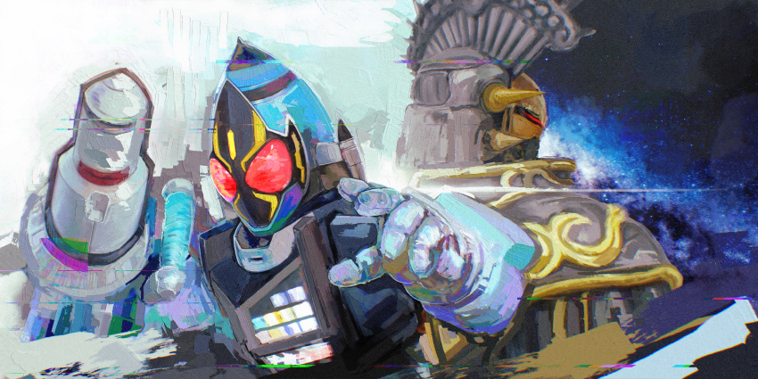 2boys absurdres back-to-back character_request highres holding holding_weapon huge_filesize kamen_rider kamen_rider_fourze kamen_rider_fourze_(cosmic_states) kamen_rider_fourze_(series) looking_ahead male_focus multiple_boys open_hand red_eyes science_fiction space spikes upper_body visor weapon yygnzm