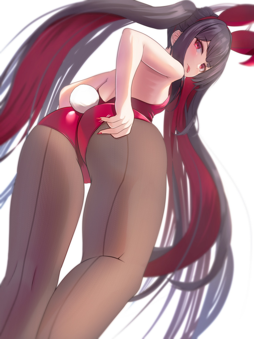 1girl adjusting_clothes adjusting_leotard animal_ears arms_behind_back ass azur_lane backless_leotard bare_arms bare_shoulders breasts brown_pantyhose colored_inner_hair commentary_request contrapposto double-parted_bangs fake_animal_ears from_below hatsuzuki_(azur_lane) headband highleg highleg_leotard highres legs_apart leotard long_hair looking_at_viewer multicolored_hair nail_polish pantyhose playboy_bunny red_eyes red_headband red_leotard red_nails shadow sidelocks simple_background small_breasts solo standing strapless strapless_leotard tako-san_wiener_(takosanuma) thighs tongue tongue_out twintails very_long_hair white_background