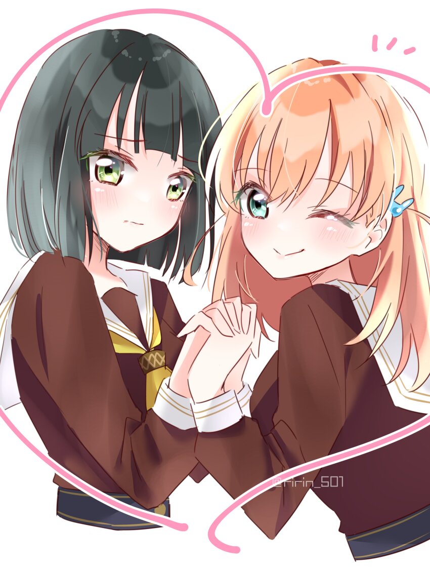 2girls ;) absurdres black_hair blunt_bangs blunt_ends blush bob_cut brown_dress closed_mouth commentary_request cropped_torso dress green_eyes hair_ornament hasu_no_sora_school_uniform heart highres hinoshita_kaho holding_hands interlocked_fingers link!_like!_love_live! long_sleeves looking_at_viewer love_live! medium_hair momose_ginko multiple_girls neckerchief notice_lines one_eye_closed orange_hair rabbit_hair_ornament ririn_(ririn_501) sailor_collar sailor_dress school_uniform short_hair simple_background smile split_mouth twitter_username two_side_up virtual_youtuber white_background white_sailor_collar winter_uniform yellow_neckerchief yuri