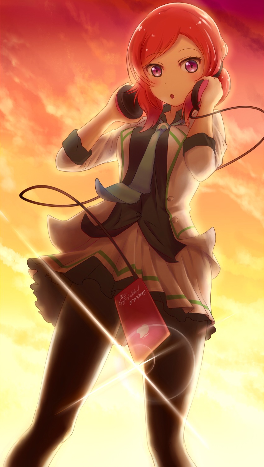 1girl 2016 absurdres adjusting_headphones amano_loto backlighting black_pantyhose brand_name_imitation cable cosplay dated digital_media_player female_focus hand_on_headphones happy_birthday headphones headphones_around_neck highres ipod lens_flare looking_at_viewer love_live! love_live!_school_idol_project minase_koito minase_koito_(cosplay) musaigen_no_phantom_world necktie nishikino_maki open_mouth orange_sky outdoors pantyhose purple_eyes red_hair sky solo sunset
