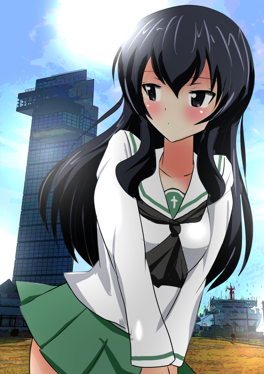 1girl absurdres alternate_costume black_scarf blue_eyes blue_hair blue_sky blush breasts eclair_(girls_und_panzer) ferry_(ship) girls_und_panzer girls_und_panzer_gekitou!_maginot-sen_desu!! green_skirt highres long_hair miniskirt ooarai_marine_tower ooarai_school_uniform own_hands_together scarf school_uniform serafuku shadow2020 skirt sky white_serafuku