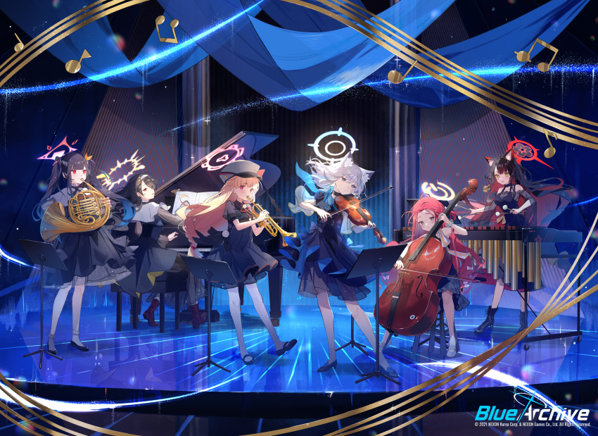 6+girls animal_ear_fluff animal_ears beamed_eighth_notes black_dress black_footwear black_hair black_horns blonde_hair blue_archive blue_eyes blue_halo collarbone colored_inner_hair commentary double_bass dress eighth_note english_commentary fox_ears french_horn fuuka_(blue_archive) grand_piano grey_hair habit halo hat high_heels highres hinata_(blue_archive) holding holding_instrument horn_(instrument) horns instrument long_hair multicolored_hair multiple_girls music musical_note nodoka_(blue_archive) nun nuudoru official_art orchestra peaked_cap piano playing_instrument puffy_short_sleeves puffy_sleeves red_eyes red_hair red_halo shiroko_(blue_archive) short_sleeves treble_clef trumpet twintails violin wakamo_(blue_archive) wolf_ears xylophone yellow_eyes yellow_halo yuzu_(blue_archive)