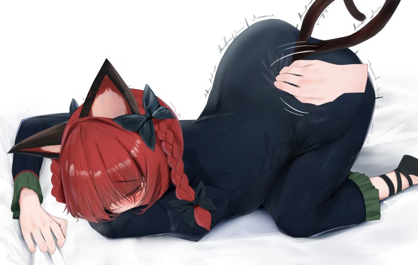 1girl 1other 258n absurdres animal_ears ass bed_sheet black_bow black_dress blush bow braid cat_ears cat_tail disembodied_hand dress frilled_dress frills hair_bow highres kaenbyou_rin long_dress long_sleeves multiple_tails on_bed red_hair scratching_back sheet_grab tail top-down_bottom-up touhou trembling twin_braids two_tails uncommon_stimulation