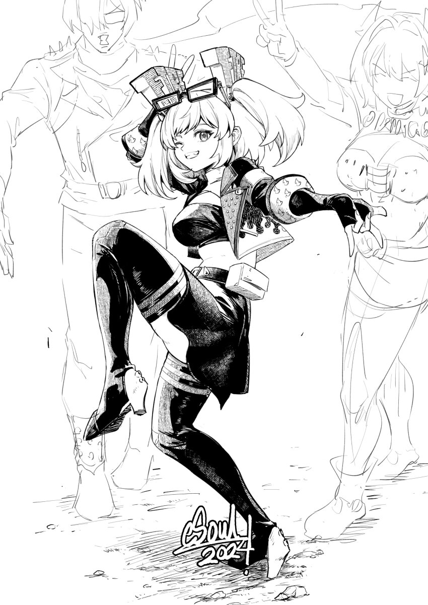1boy 2girls absurdres black_jacket black_tube_top boots burnice_white caesar_king_(zenless_zone_zero) esoul eyewear_on_head fingerless_gloves gloves greyscale grin high_heel_boots high_heels high_school_girls_posing_for_google_street_view_(meme) highres jacket leather leather_jacket lighter_(zenless_zone_zero) looking_at_viewer medium_hair meme miniskirt monochrome multiple_girls one_eye_closed short_hair skirt smile standing standing_on_one_leg strapless thigh_boots thighhighs tube_top white_background zenless_zone_zero zettai_ryouiki