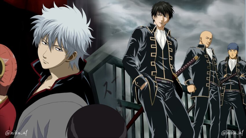 1girl 5boys anime_coloring ascot bald black_hair black_jacket black_shirt black_vest blue_headscarf cloud cloudy_sky gintama grey_hair grey_kimono harada_unosuke headscarf high_collar hijikata_toushirou jacket japanese_clothes kagura_(gintama) katana kimono military_uniform multiple_boys nika_a1 orange_hair sakata_gintoki scabbard sheath shimura_shinpachi shirt sky sword todou_bokosuke vest weapon