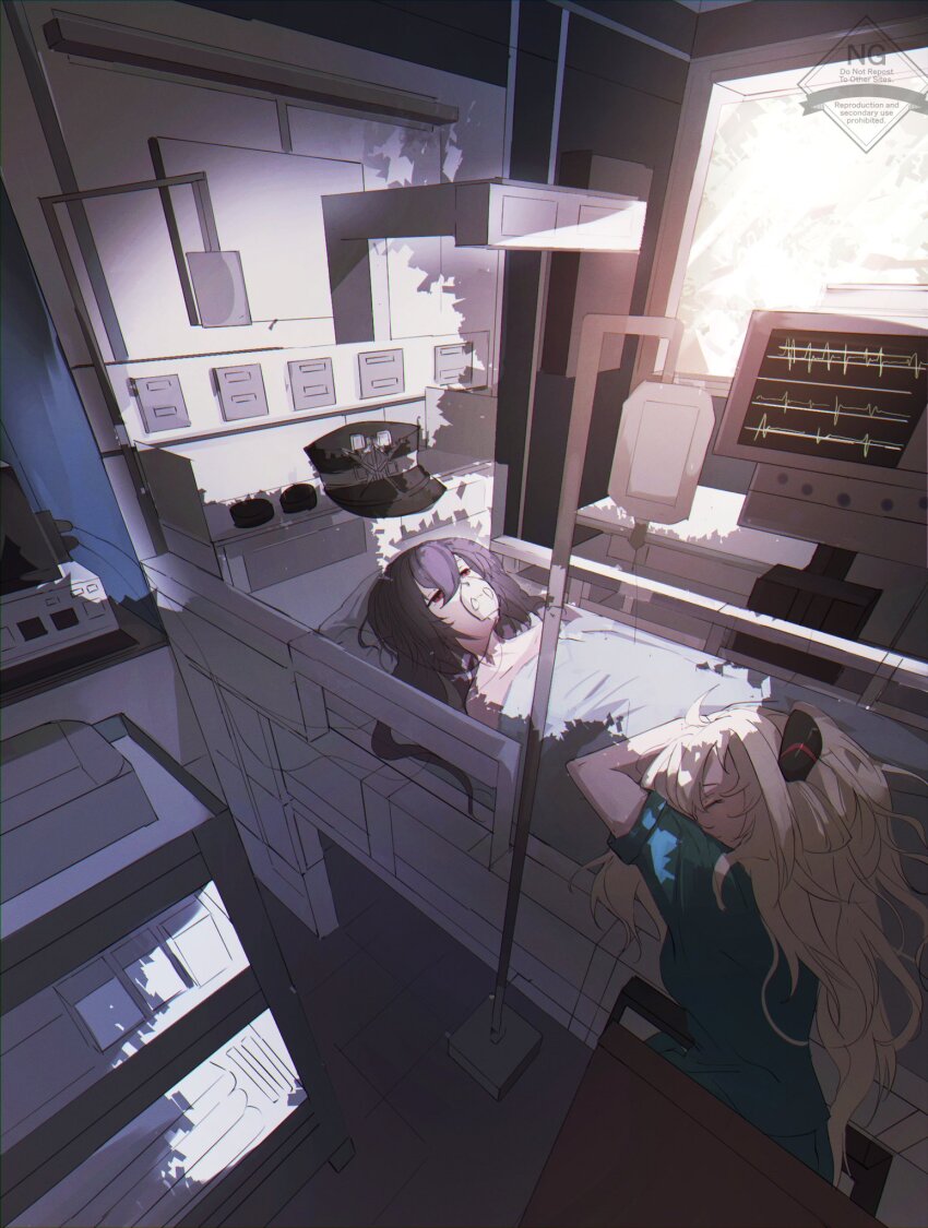 2girls bare_shoulders bed black_hat duel_monster hat highres hospital_bed indoors lying multiple_girls on_back on_bed oxygen_mask sky_striker_ace_-_raye sky_striker_ace_-_roze sleeping unworn_hat unworn_headwear uragawai watermark window yu-gi-oh!