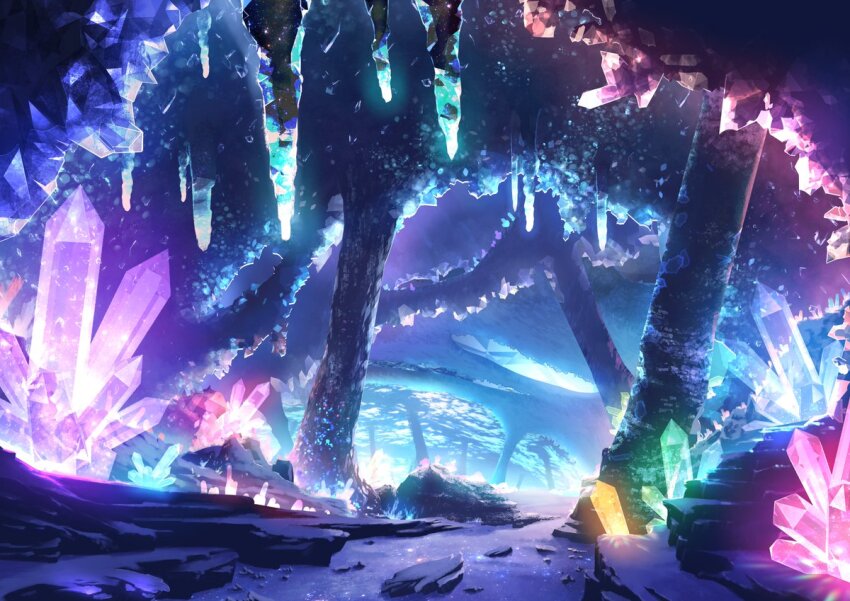 cave cloud crystal fantasy glowing glowing_crystal holes nature no_humans original outdoors rock scenery sky smile_(qd4nsvik) stone_pillar