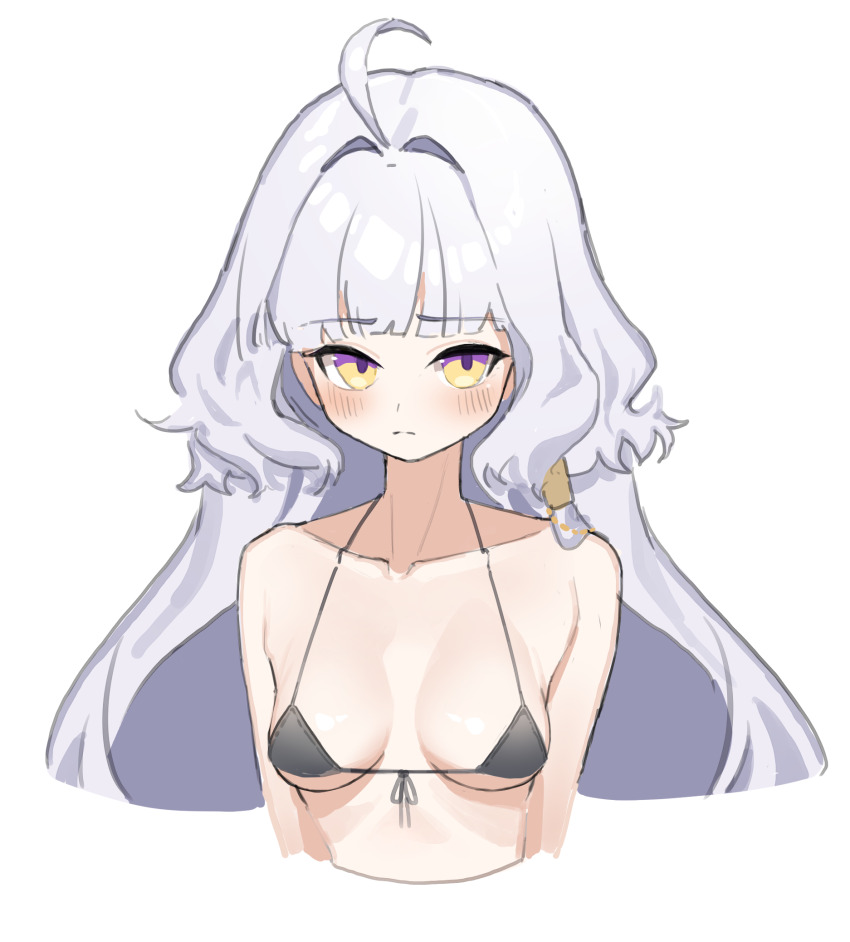 1girl :&lt; bikini bikini_top_only breasts ekah96 grey_hair highres looking_at_viewer mabinogi multicolored_eyes purple_eyes rowan_(mabinogi) swimsuit two-tone_eyes yellow_eyes