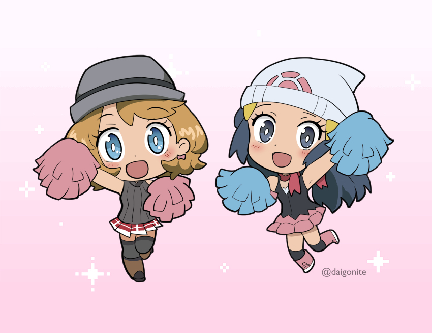 2girls :d beanie black_shirt blue_eyes blush boots bright_pupils brown_footwear brown_hair chibi commentary dawn_(pokemon) earrings eyelashes goro_orb grey_headwear hair_ornament hairclip hat highres holding holding_pom_poms jewelry long_hair looking_at_viewer medium_hair multiple_girls nintendo open_mouth pleated_skirt pokemon pokemon_(anime) pokemon_journeys pokemon_swsh105 pom_pom_(cheerleading) pom_poms red_skirt scarf serena_(pokemon) shirt skirt sleeveless sleeveless_shirt smile sweater_vest thighhighs twitter_username watermark white_headwear white_pupils