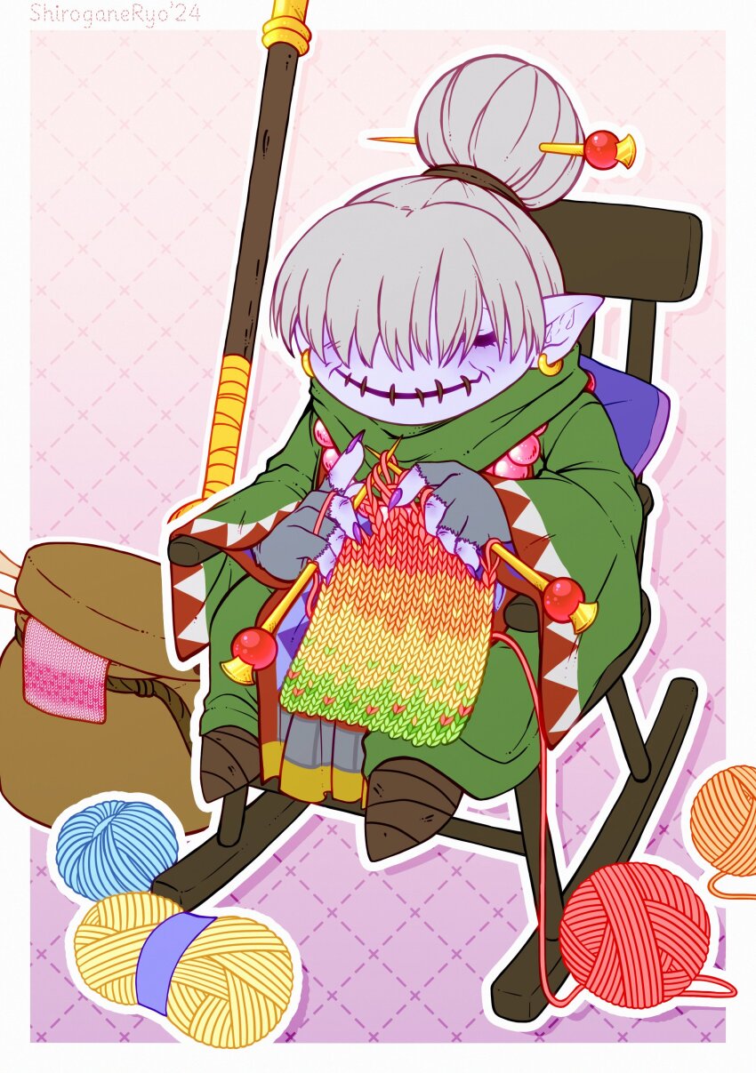 1girl absurdres babamon broom chair covered_eyes digimon digimon_(creature) female_focus highres knitting on_chair solo wooden_chair