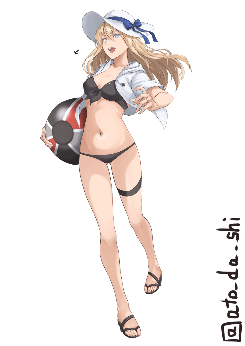 1girl :d absurdres alternate_costume atodashi ball beachball bikini bismarck_(kancolle) black_bikini blonde_hair blue_eyes blush breasts feet full_body hair_between_eyes hat highres jacket jewelry kantai_collection large_breasts legs long_hair looking_at_viewer navel open_mouth ring sandals smile solo sun_hat swimsuit toenails toes twitter_username wedding_ring white_background white_hat