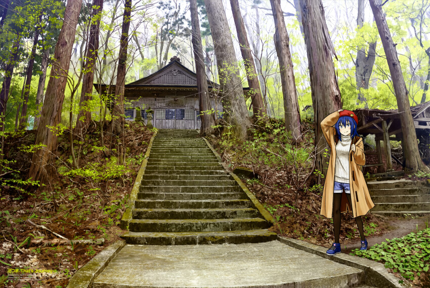 1girl absurdres artist_request black_pantyhose blue_hair blue_shoes brown_coat closed_mouth coat copyright_name copyright_notice day denim hair_between_eyes hand_on_headwear highres light_blush long_hair looking_at_viewer magazine_scan newtype official_art open_clothes open_coat outdoors pantyhose scan shoes short_shorts shorts shrine sidelocks smile solo stairs standing suzugamori_chika sweater tree turtleneck turtleneck_sweater white_sweater zatsu_tabi