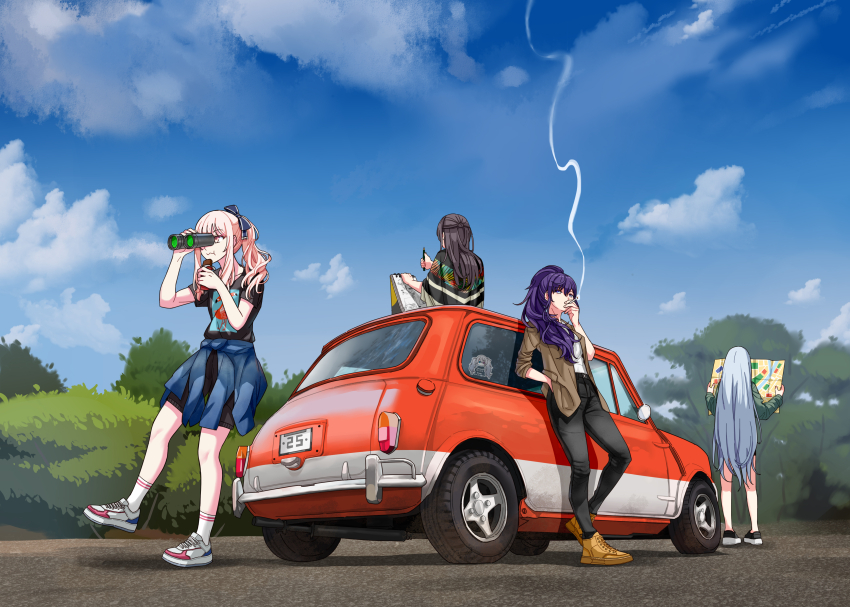 1other 25-ji_miku 25-ji_nightcord_de._(project_sekai) 3girls absurdres against_vehicle akiyama_mizuki androgynous arm_up asahina_mafuyu binoculars black_footwear black_pants black_shawl black_shirt black_shorts blue_footwear blue_jacket blue_sky brown_footwear brown_hair brown_jacket bush car chaos1402 cigarette closed_mouth clothes_around_waist cloud commentary_request day eating facing_away food from_behind full_body green_jacket group_name hair_ribbon half_updo hand_in_pocket hatsune_miku highres holding holding_binoculars holding_cigarette holding_food holding_map holding_pen jacket leaning_against_vehicle leaning_on_object leg_up license_plate long_hair long_sleeves looking_afar map map_(object) mini_cooper motor_vehicle multiple_girls on_car outdoors pants pen pink_eyes pink_hair pocket ponytail print_shirt project_sekai purple_hair red_footwear ribbon road shawl shinonome_ena shirt shoes short_sleeves shorts side-view_mirror side_ponytail sitting sketchbook sky smoke smoke_trail sneakers socks standing standing_on_one_leg sticker striped_clothes striped_socks three-quarter_sleeves tree two-tone_footwear very_long_hair vocaloid white_footwear white_shirt white_socks yoisaki_kanade